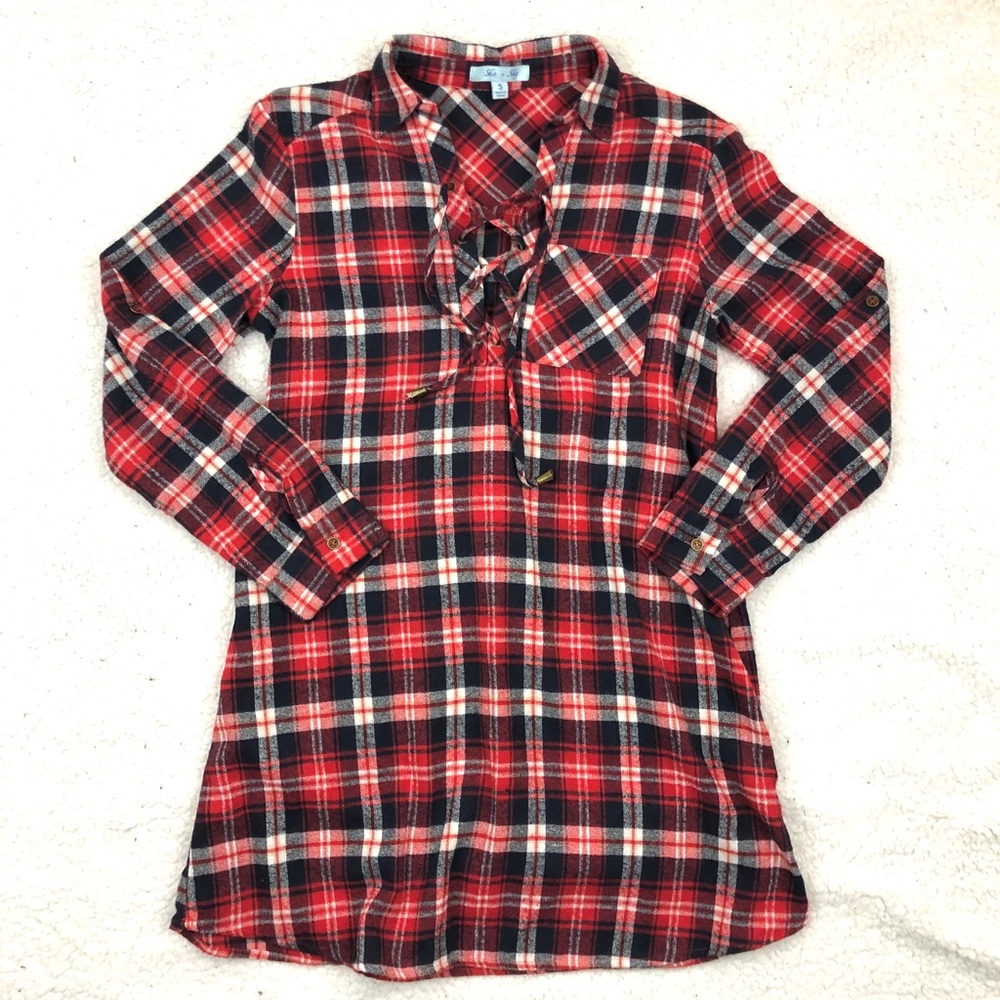 She + Sky Plaid Flannel Lace Up Tunic/ Dress
